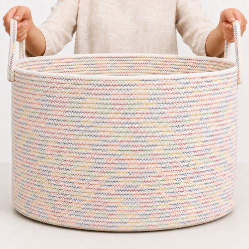 OrganiHaus Round Toy Basket & Blanket Basket, Cotton Rope 20x13" - color: Stitches Rainbow, size: Wide