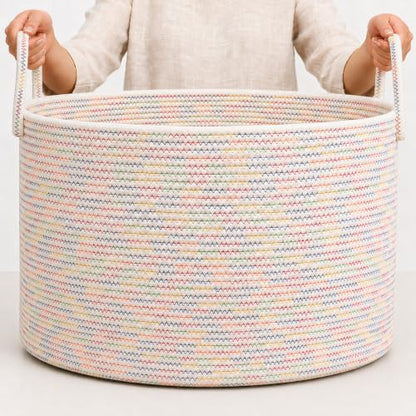 OrganiHaus Round Toy Basket & Blanket Basket, Cotton Rope 20x13" - color: Stitches Rainbow, size: Wide