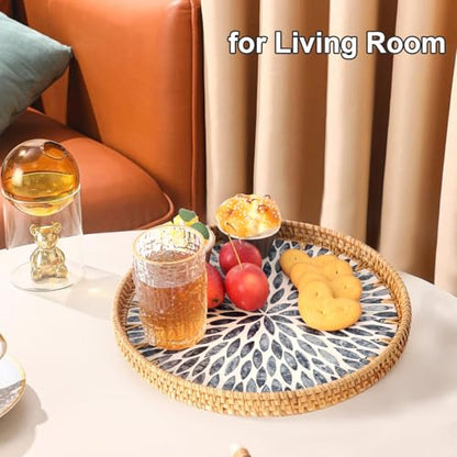 Round Rattan Tray with Mother of Pearl Inlay, Rattan Serving Tray for Coffee, Bread, Fruits, Decorative Wicker Tray for Table Decor, Home Decor, Kitchen Island Decor (Black Leaf, 11.8")