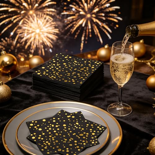 80 Pack of Black Paper Cocktail Napkins with Gold Foil Polka Dot Confetti，Polka Dot Party Supplies(5 x 5 in，3-ply) (Gold Black Pot) - style: Small Black Gold Dot