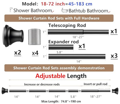 Black Tension Shower Curtain Rods – Adjustable 18-79 Inches, Fits 20-78 Inch Spaces (Ideal for 72" Wide Bathrooms), Rust Resistance Adjustable Durable Spring No Drilling - color: Black, size: 18-79 inch