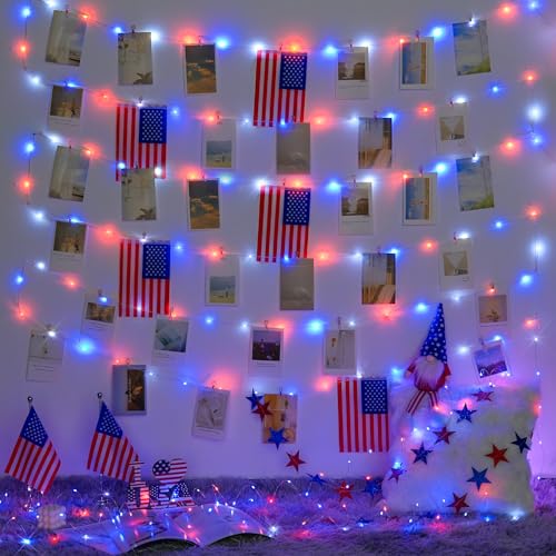 JMEXSUSS 200 LED 4th of July Fairy Lights, Red White and Blue Lights Indoor - color: Red White Blue, size: 66FT 200LED