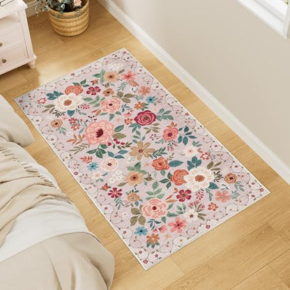 DUKINO 2x4 Entryway Rug, Floral Washable Kitchen Rugs Non Slip, Beige - color: Beige, size: 2' x 4' (Rectangular)