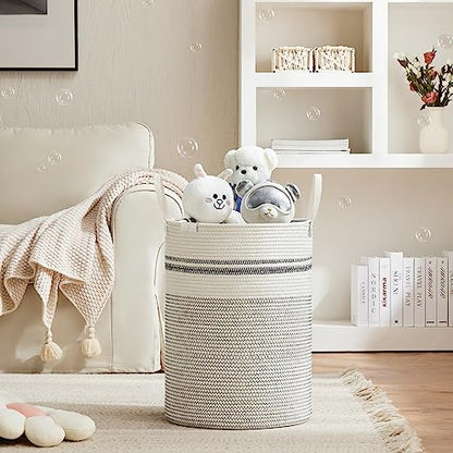 VIPOSCO 72L Tall Woven Rope Laundry Hamper, Leather Handles, Stripe White - color: Stripe White, size: 72L
