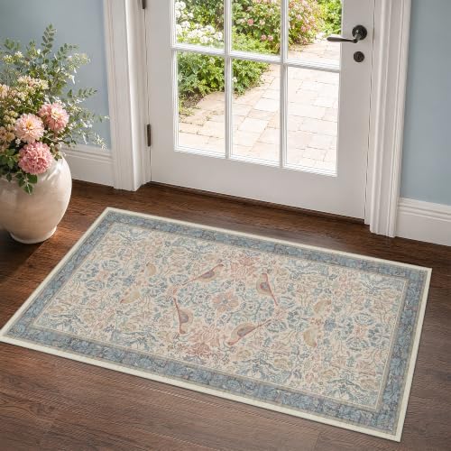 Vintage Boho 2x4 Area Rug for Entryway - Washable Blush Red Slate Blue Kitchen Rug for the Floor, Low Pile Non-Slip Rugs for Bathroom, Floral Bird Pattern Decor & Stain Resistance - color: Blue & Red, size: 2' x 4' (Rectangular)