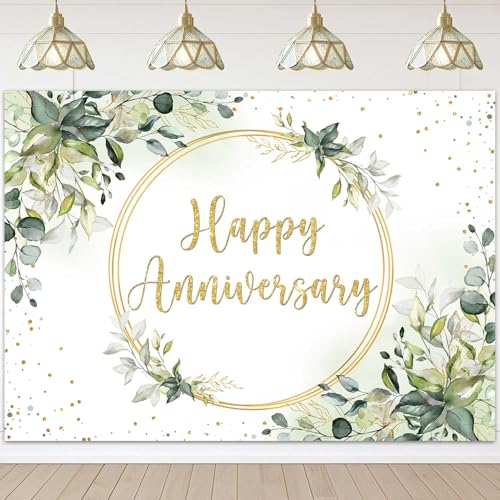 Sensfun 8x6ft Happy Anniversary Backdrop Sage Green Eucalyptus Wedding Anniversary Party Decorations Greenery Marriage Memorial Day Cheers to 10 Years 25th 40th 50th Wedding Day Banner - size: 8x6ft