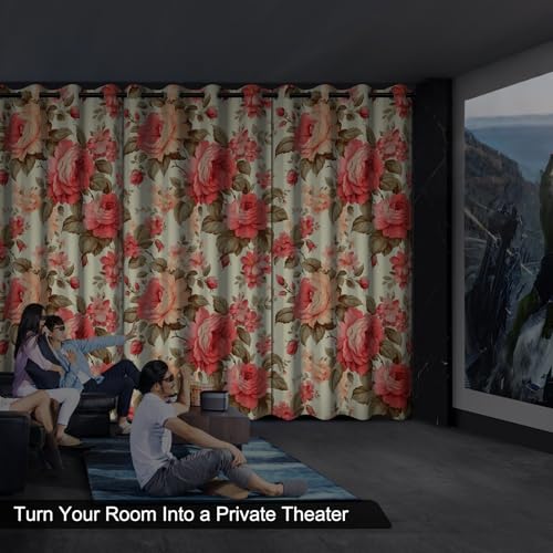 Pink Rose Blackout Curtains for Girls Room and Nursery, Floral Living Room Darkening Curtains 84 Inch Long 2 Panels Set, Spring and Summer Soundproof Thermal Insulated Bedroom Curtains with Tiebacks - color: Pink Peonies