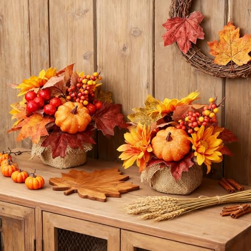 RHN Fall Centerpieces for Tables,2 Pcs Fall Table Flowers Centerpiece Decor with Pumpkin Sunflower Pinecone Berry and Maple Leaf for Autumn Thanksgiving Home Dining Table Decorations