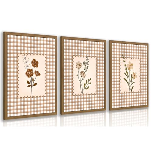 RLKHG Wood Framed Cottagecore Floral Wall Art Set of 3, Beige Gingham Flower Wall Decor, Vintage Botanical Poster Prints, Rustic Farmhouse Wildflower Artwork for Living Room Bedroom 12x16 Inch - color: PlaidFloral, size: 16"L x 12"W