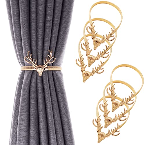 6Pack Curtain Tiebacks Aluminum Alloy Spring Design Curtain Holdback Leaf Carving Design Curtain Ties for Drapes Curtain Ties Backs Curtain Modern Style Curtain Holdback Decor(Gold elk) - color: Gold Elk
