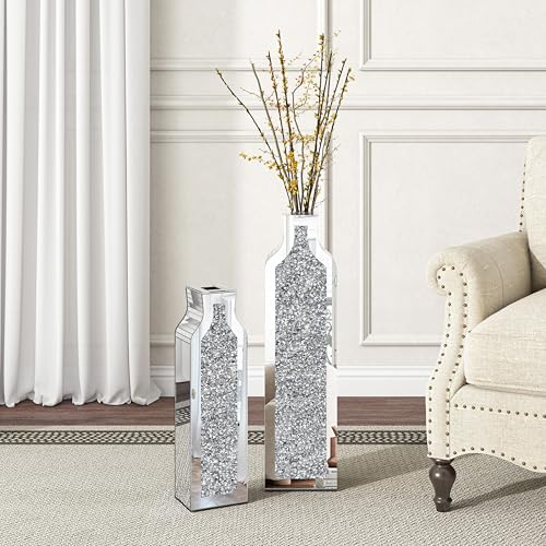 SHYFOY 18" & 24" Floor Vase Crushed Diamond Mirrored Vases for Decor Living Room Floor - Modern Crystal Decorative Mirror Silver Floor Vase for Dried Flower. Can’t Hold Water. - size: 18"H+24"H [Set of 2]