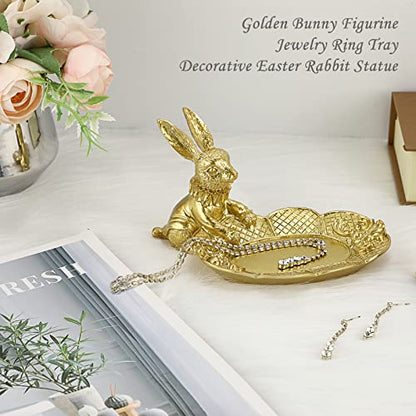 ELLDOO Golden Easter Bunny Figurine, Jewelry Ring Tray Trinket Holder Decorative Serving Tray Small Rabbit Statue Cute Ornament, Animal Sculpture Collectible Figurine Home Decor - style: Seated Rabbit