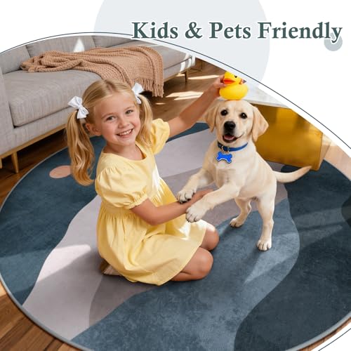 5ft Round Classroom Area Rug, Blue Abstract Mountain Sun Circle Rugs - color: Blue, size: 5' (Round)