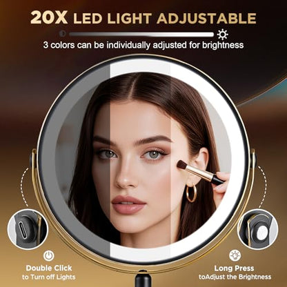 Lighted Makeup Mirror, 20x Magnifying - Matte Black with Gold Trim - color: Matte Black With Gold Trim