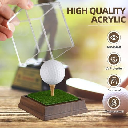 Golf Ball Display Case Hole in One Golf Ball Display Case Holder Wanult Wood Base Acrylic Golf Ball Holder Stand Lifelike Turf Wood Tee Memorabilia Showcase Square Cube Box Stand Golf Gifts Decor