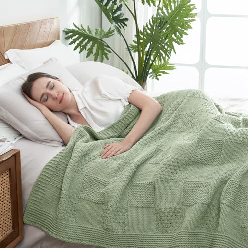 Amélie Home Checkered Knit Throw Blanket for Bed, Sage Green, 60"x80" - color: Checkered Sage Green, size: Checkered Knit 60"x80"