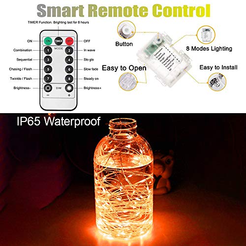 Orange Fairy String Lights Battery Operated,2 Pack 33ft 100 LED Waterproof Orange Halloween Twinkle Firefly String Lights with Remote& 8 Lighting Modes Indoor Outdoor Christmas Patio Party Decor - color: Orange 33FT Fairy Lights-2Pack