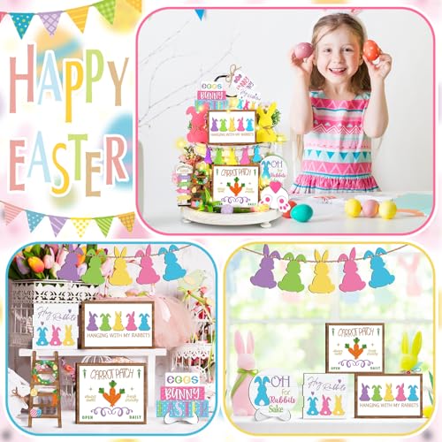 Menkxi 15 Pcs Easter Spring Tiered Tray Decor Set Bunny Wooden Table Sign Easter Tiered Tray Decorations Farmhouse Tabletop Sign for Home Kitchen(Bunny) - style: Bunny