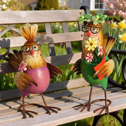 Natelf Metal Rooster & Hen Outdoor Statues Chicken Sculptures Set