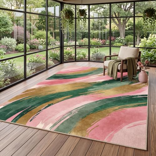 8x10 Pink and Green Area Rug, Modern Abstract Brushstroke Design - color: Pink/Green/Gold, size: 8' x 10' (Rectangular)