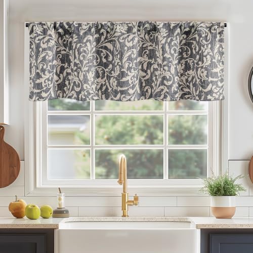 jinchan Floral Kitchen Window Valance Dusty Blue Farmhouse 16 Inch 1 Panel - color: Vintage Softshade Dusty Blue, size: 52"W x 16"L (Pack of 1)