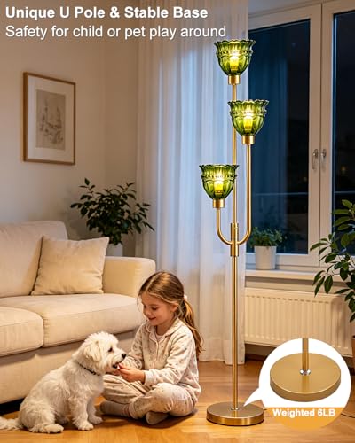 Green Glass Floor Lamp 66IN 3-Light Modern Gold Dimmable Tree Floor Lamps - color: Green Lace-Gold