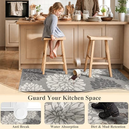 Findosom Kitchen Rugs Sets of 2, Floral Washable Kitchen Runner Rug, Gray - color: Grey, size: 24" x 36" + 24" x 60"
