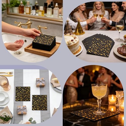 80 Pack of Black Paper Cocktail Napkins with Gold Foil Polka Dot Confetti，Polka Dot Party Supplies(5 x 5 in，3-ply) (Gold Black Pot) - style: Small Black Gold Dot