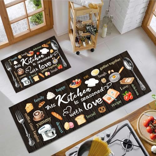 Kitchen Mats for Floor 2 Piece Set,Farmhouse Kitchen Rug Vintage Style Theme Decor,Absorbent Washable Non-Slip Floor Mats 17"x47"+17"x30" - color: Kitchen Black