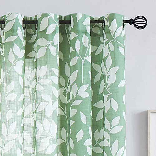 White Green Curtains 72" Leaf Print Bedroom Sheer Windows Panels Drapes 2pc - color: Green, size: 52"W x 72"L (Pack of 2)