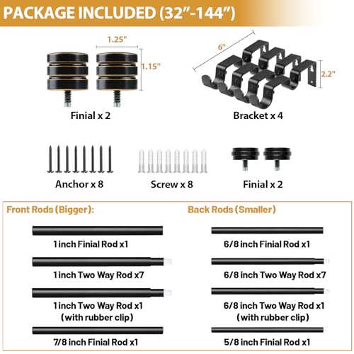 TONIAL 1 Inch Double Curtain Rods for Windows 66 to 120 Inch, Black, - color: Black, size: 66-120”