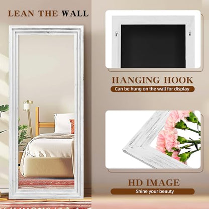 76x34in Full Length Mirror, 3-Tier Stepped Solid Wood Frame, White - color: White, size: 76"L x 34"W