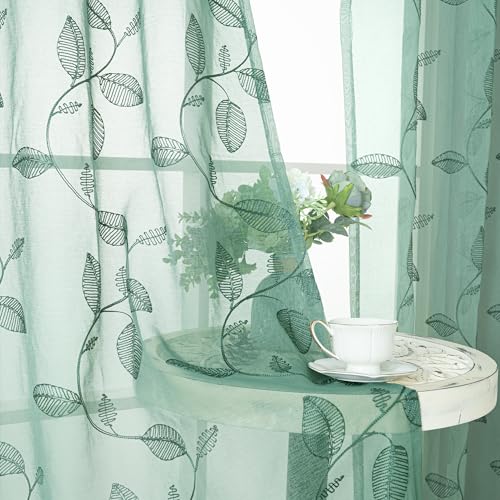 BGment Green Sheer Curtains 90 Inches Long Living Room 2 Panels - color: Dark Green-leaf, size: 52"W x 90"L (Pack of 2)