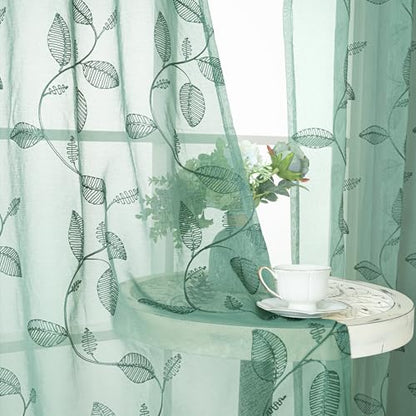 BGment Dark Green Leaf Sheer Curtains 84 Inches Long Living Room 2 Panels - color: Dark Green-leaf, size: 52"W x 84"L (Pack of 2)