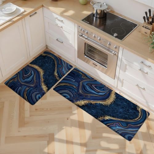 Kitchen Mats Set of 2, Cushioned Anti Fatigue Non Slip Waterproof Runner, Blue Marble and Golden Veins Design, PVC Memory Foam for Kitchen Sink and Laundry - color: Blue Marble