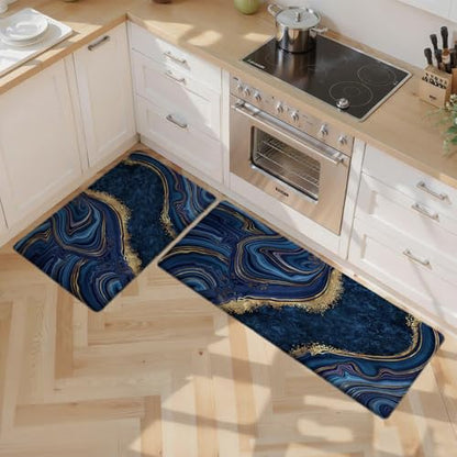 Kitchen Mats Set of 2, Cushioned Anti Fatigue Non Slip Waterproof Runner, Blue Marble and Golden Veins Design, PVC Memory Foam for Kitchen Sink and Laundry - color: Blue Marble