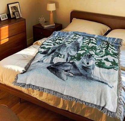 Lodge Wolf Woven Tapestry Throw Blanket 50 X 60 Inches - color: Wolves
