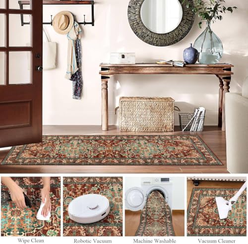 U'Artlines 2' x 6' Boho Hallway Runner Rug, Washable Carpet, Rust＆Teal - color: Rust＆teal, size: 2' x 6' (Runner)