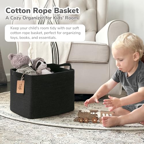 Goodpick 50L Large Woven Rope Storage Basket with Handles, Black - color: Black, size: 18"L x 14"W x 12"H