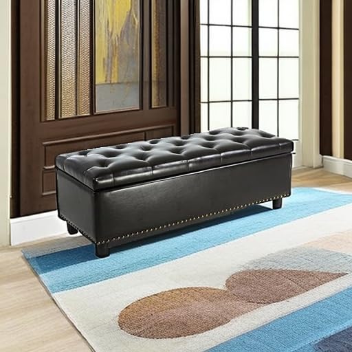 BELLEZE Storage Ottoman, Tufted Ottoman with Close Hinge, Foot Rest for Living Room (Dark Brown, 47 inch) - color: Dark Brown