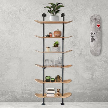Industrial Pipe Bookcase, 6 Tier Shelf, Natural Wood Stain Finish - size: 6 Tier Shelf