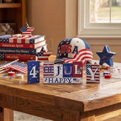Smile Happy 4th of July Wooden Letter Block Set, 7-Piece Patriotic Tiered Tray Tabletop Decor for Independence Day - style: 4th of July