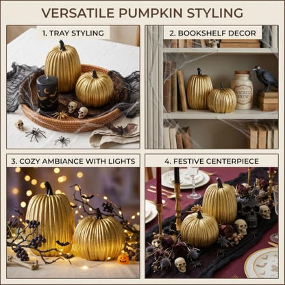 Gold Halloween Pumpkin Decor, Small Resin Pumpkins Set of 2 - color: Gold and Black-set of 2