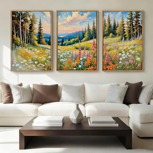 Anyzal Colorful Woodland Wall Art Large Floral Field Wall Decor 16x24 Inch Set of 3 for Living Room Bedroom Dining Room - color: Colorful Nature, size: 24"L x 16"W