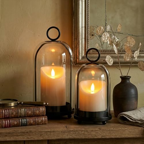 Hurricane Candle Holders Set of 2-10" & 7.8" Black Metal Base with Glass Dome, Includes 2 Pillar Candles, Hanging or Tabletop Centerpiece (Batteries Not Included)