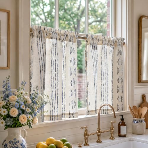 jinchan Linen Striped Tier Curtains for Kitchen Windows Blue Beige 26 x 24 - color: Boho Blue | on Beige, size: 26"W x 24"L (Pack of 2)