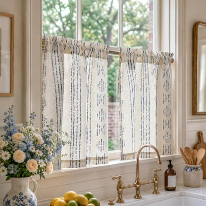 jinchan Linen Striped Tier Curtains for Kitchen Windows Blue Beige 26 x 24 - color: Boho Blue | on Beige, size: 26"W x 24"L (Pack of 2)