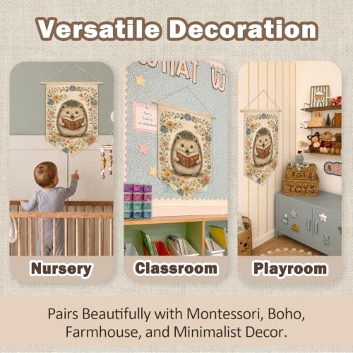 Cute Hedgehog Reading Book Woodland Nursery Decor Wall Hanging Flag - color: 01-Cute Hedgehog Reading Book(Beige)