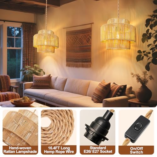 Maliralt Hanging Lamps Rattan Pendant Light - 16.4ft Plug in Cord Hanging Light Fixture Plug Into Wall Outlet Pendant Lighting with On Off Switch for Bedroom Living (Lantern Shade) - size: 12 Inch - Lantern Shade