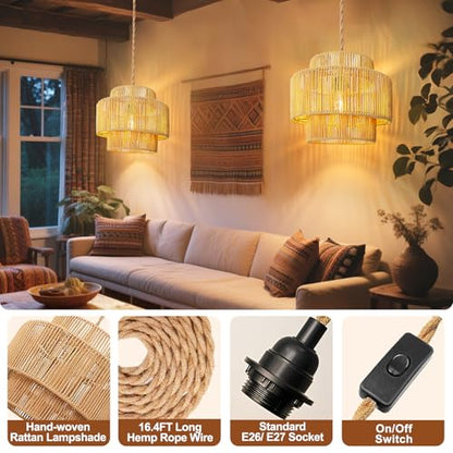 Maliralt Hanging Lamps Rattan Pendant Light - 16.4ft Plug in Cord Hanging Light Fixture Plug Into Wall Outlet Pendant Lighting with On Off Switch for Bedroom Living (Lantern Shade) - size: 12 Inch - Lantern Shade